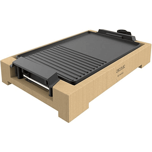 Cecotec Grelhador de mesa de 2000 W, com estrutura de bambu, termostato regulável e placa antiaderente com superfície mista de metade grill, apta para máquina da louça.