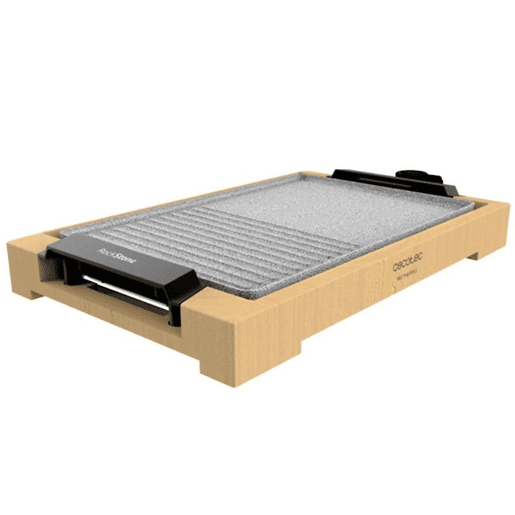 Cecotec Grelhador de mesa elétrico de 2000 W, com estrutura de bambu, termostato regulável e placa antiaderente com superfície mista de grill e prancha, revestimento de alumínio fundido e apta para máquina da louça.