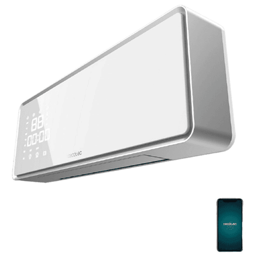 Cecotec Aquecedor de parede cerâmico com 2000 W, ecrã LED, controlo Wi-Fi, controlo remoto, 3 modos, oscilação, programador semanal, proteção IP22 e máxima segurança.