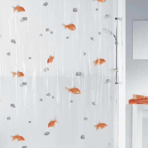 Coleção Spirella Goldfish, cortina de chuveiro têxtil 180 x 200, 100% poliéster, laranja