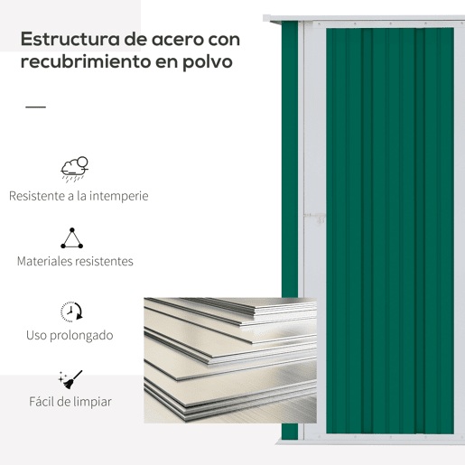 Outsunny Abrigo de Jardim 142x84x189cm Abrigo de Jardim de Aço Galvanizado com Porta Fechadura e Orifícios de Drenagem para Armazenamento de Ferramentas Verde