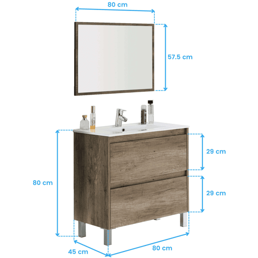 Armário de casa de banho com espelho Dakota 2 gavetas Nordik 80 x 80 x 45 cm