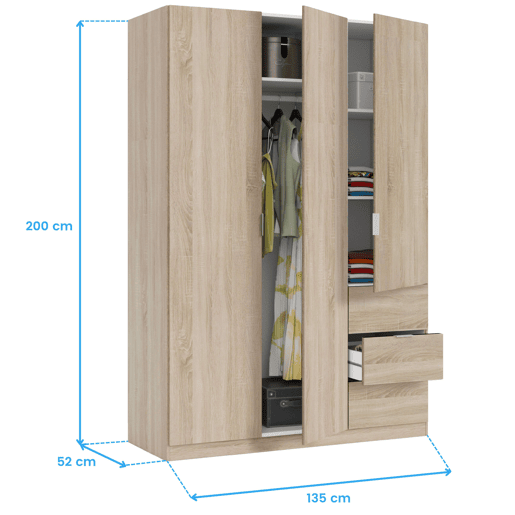 Roupeiro LCX 3 portas 3 gavetas Carvalho canadiano 135 x 200 x 52 cm Roupeiro LCX 3 portas 3 gavetas Carvalho canadiano 135 x 200 x 52 cm