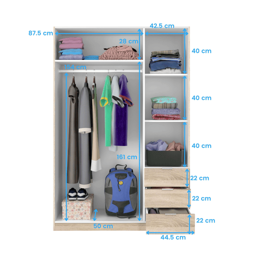 Roupeiro LCX 3 portas 3 gavetas Carvalho canadiano 135 x 200 x 52 cm Roupeiro LCX 3 portas 3 gavetas Carvalho canadiano 135 x 200 x 52 cm