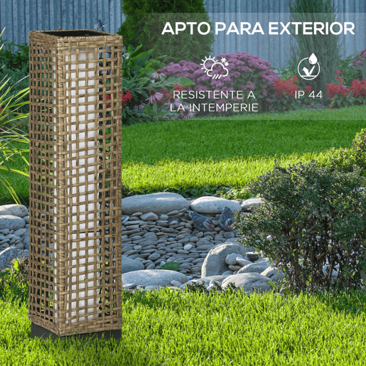 Outsunny Candeeiro de Jardim de Vime Sintético Candeeiro Solar de Exterior com Luzes LED LigarDesligar Automático para Varanda Pátio 15,5x15,5x69cm Marrom Areia