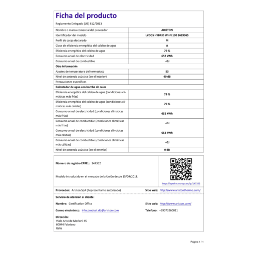 Caldeira híbrida, Ariston, Lydos Hybrid Wifi 100 litros, vertical, classe energética A