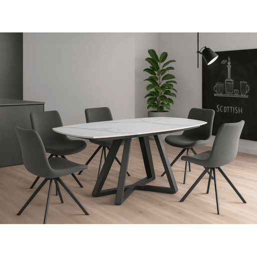 ANGEL CERDA Mesa de jantar extensível barril oval mármore porcelânico e aço preto ANGEL CERDA Mesa de jantar extensível barril oval mármore porcelânico e aço preto