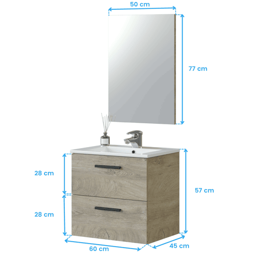 Móvel de casa de banho Aruba 60 com espelho Roble Alaska Mueble:60Espejo:57,5 x Mueble:57Espejo:80 x Mueble:45Espejo:1,8 cm