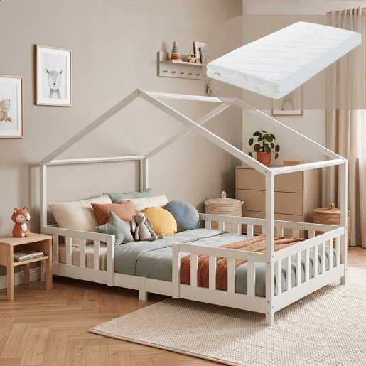 Cama de criança Treviolo forma de casa pinho + colchão 140x200 cm - Branco en.casa Cama de criança Treviolo forma de casa pinho + colchão 140x200 cm - Branco en.casa