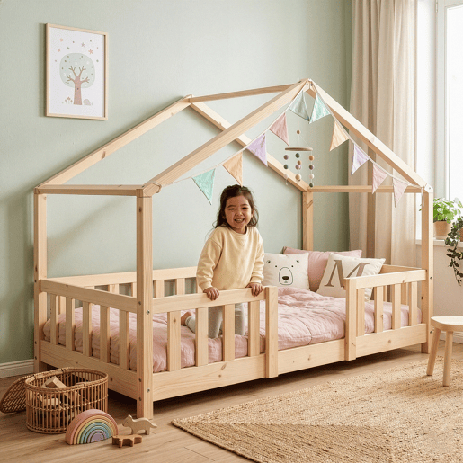 Cama de criança Treviolo em forma de casa pinho 80x160 cm - Natural en.casa Cama de criança Treviolo em forma de casa pinho 80x160 cm - Natural en.casa