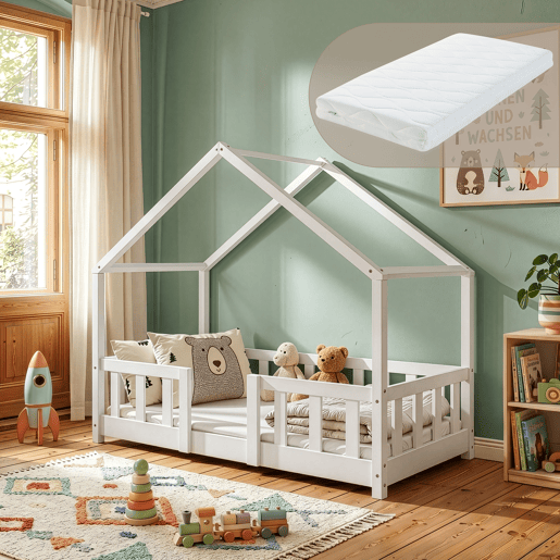 Cama de criança Treviolo forma de casa pinho + colchão 70x140 cm - Branco en.casa
