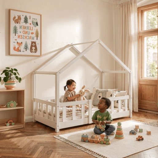 Cama de criança Treviolo forma de casa pinho + colchão 70x140 cm - Branco en.casa