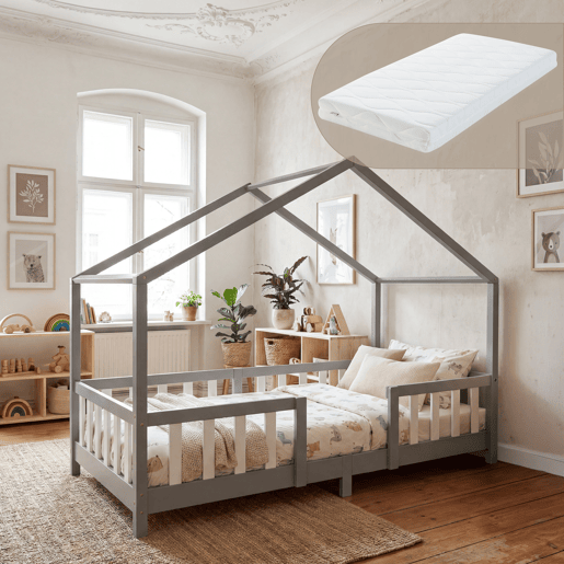 Cama de criança Treviolo forma de casa pinho + colchão 90x200 cm - Cinzento claro en.casa