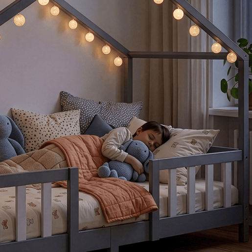Cama de criança Treviolo forma de casa pinho + colchão 90x200 cm - Cinzento claro en.casa