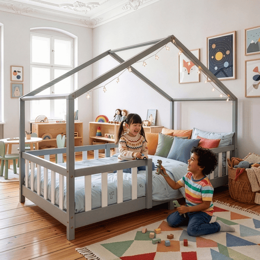 Cama de criança Treviolo forma de casa pinho + colchão 90x200 cm - Cinzento claro en.casa