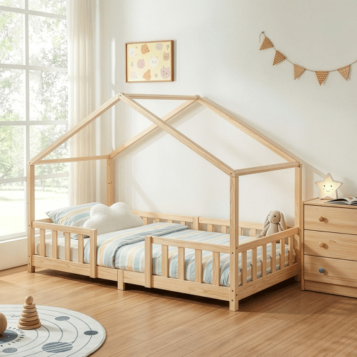 Cama de criança Treviolo em forma de casa pinho 90x200 cm - Natural en.casa