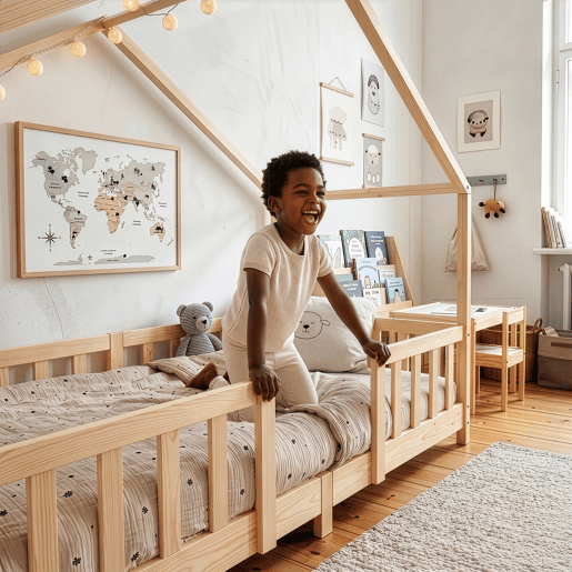 Cama de criança Treviolo em forma de casa pinho 90x200 cm - Natural en.casa