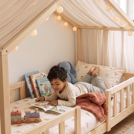 Cama de criança Treviolo em forma de casa pinho 90x200 cm - Natural en.casa