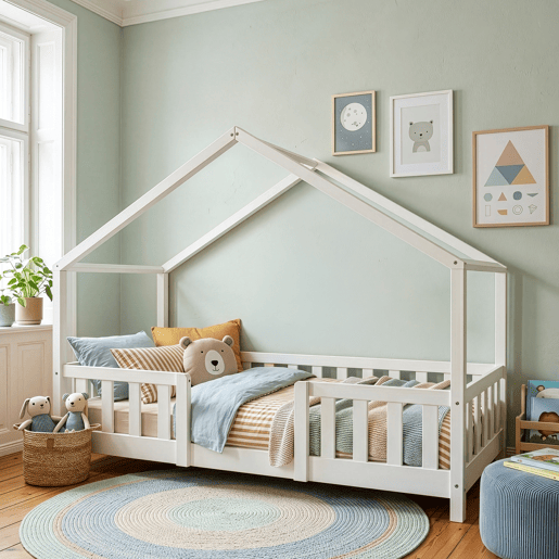 Cama de criança Treviolo forma de casa pinho + colchão 80x160 cm - Branco en.casa
