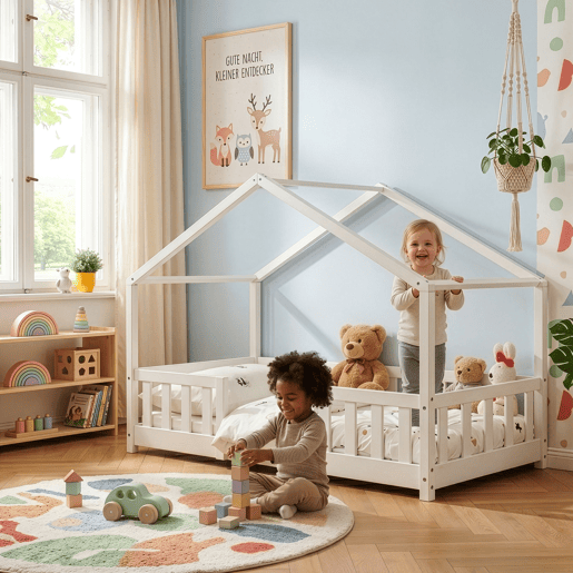 Cama de criança Treviolo forma de casa pinho + colchão 80x160 cm - Branco en.casa