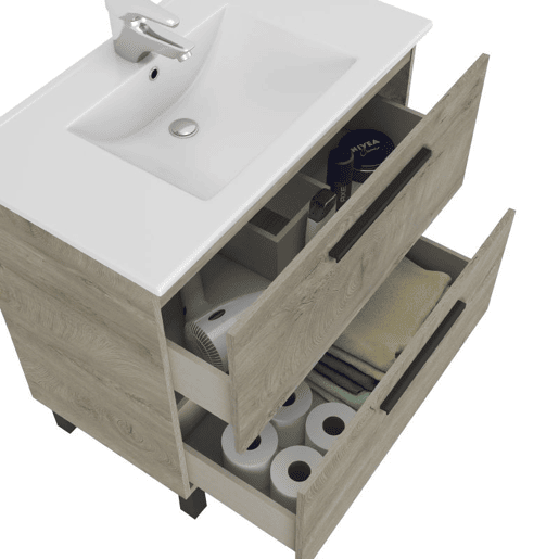 Móvel de casa de banho Athena 80 2 gavetas + espelho, duehome, Roble Alaska (ancho), Mueble: 80cm Espejo: 80cm