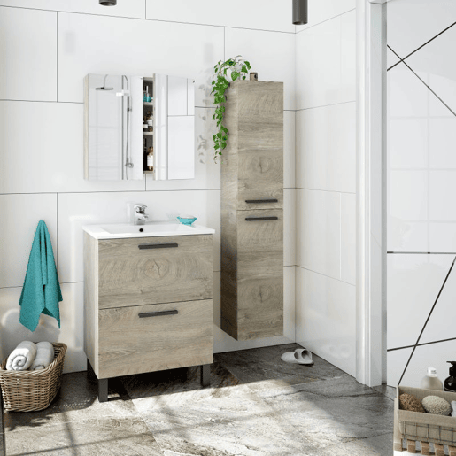 Móvel de casa de banho Athena 80 2 gavetas + espelho, duehome, Roble Alaska (ancho), Mueble: 80cm Espejo: 80cm