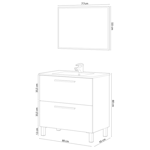 Móvel de casa de banho Athena 80 2 gavetas + espelho, duehome, Roble Alaska (ancho), Mueble: 80cm Espejo: 80cm