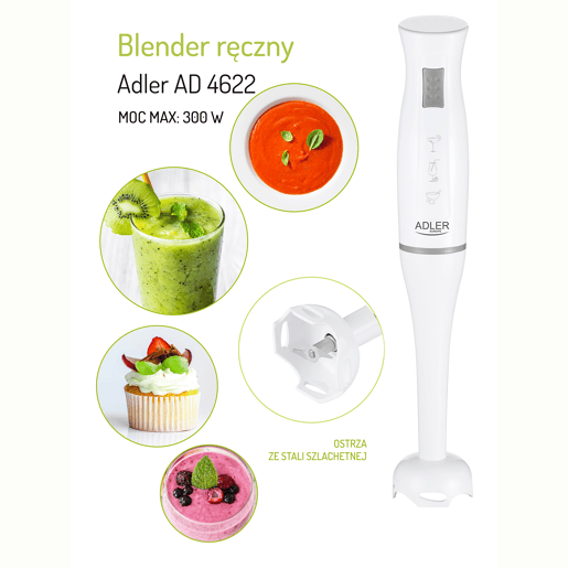 Adler AD4622 Varinha, Misturador Stand Destacável, Lâminas Aço Inoxidável, 300, Branco