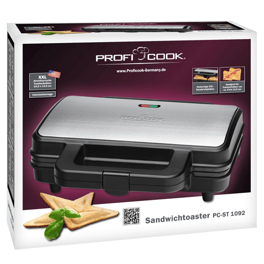 Proficook ST 1092 Sanduicheira, 2 sanduíches XXL, placas antiaderentes, tostagem perfeita, aço inoxidável, 900, Prata negra