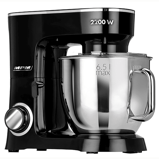 MPM MRK-19 Batedeira Planetaria Profissional de Massa, Robô de Cozinha, 6,5 L, 6 Velocidades, Acessórios, Inox, 2200, Preto  Inox