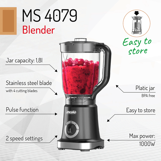Mesko MS 4079 Liquidificador, Jarra 1,8 Litros Livre de BPA, Potência 1000W, 2 Velocidades + Função de Pulso, 4 Lâminas de Aço Inoxidável, 1000, Prata negra