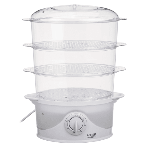 Adler AD633 Panela de Vapor Eléctrica, sem BPA, Temporizador 60 Min., 3 Contentores, 800, Branco