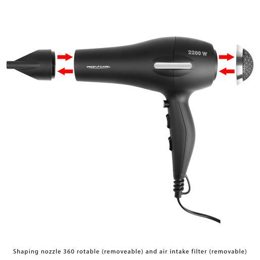 Proficare HT 3017 Secador de Cabelo 3 níveis temperatura difusor profissional Ionic, 2200, Preto