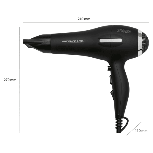 Proficare HT 3017 Secador de Cabelo 3 níveis temperatura difusor profissional Ionic, 2200, Preto