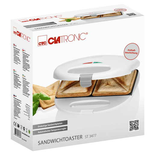 Clatronic ST 3477 Sanduicheira, 2 Sanduíches, Placas antiaderentes, Regulador de temperatura, 750, Branco