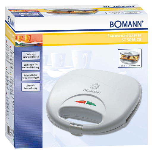 Bomann ST 5016 CB Sanduicheira 2 Sanduíches, Revestimento Anti-aderente, Controlo Automático da Temperatura, 750, Branco