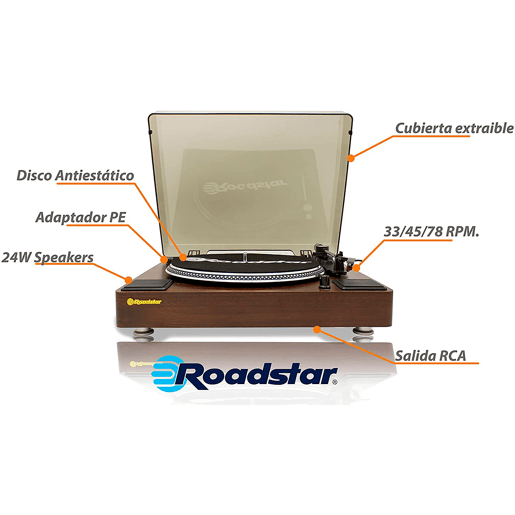 Roadstar TT-260SPK Gira-discos 3 Velocidades 334578 RPM, Altifalantes, RCA Audio Out, AUX IN, Auto Stop, Vintage, , Madeira