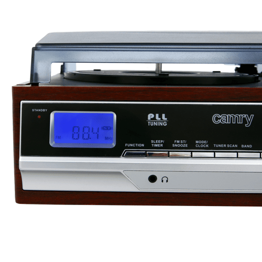 Camry CR 1113 Gira-Discos Retro em Madeira, 33-45-78 RPM, Rádio AM-FM, Estéreo, Vintage, Despertador, AUX 3,5 mm, Visor LCD, , Castanho
