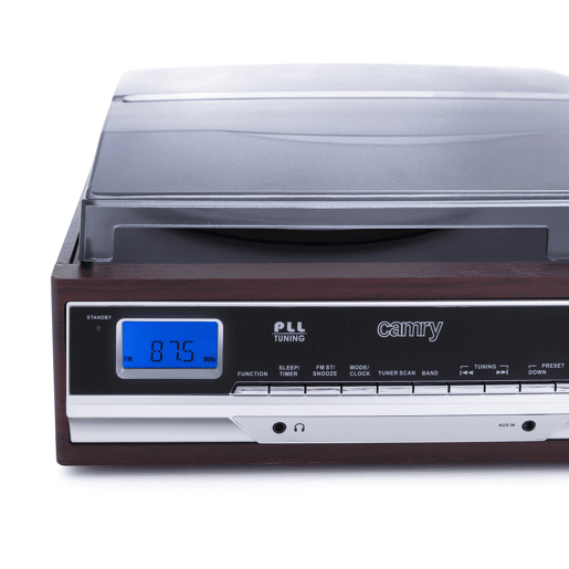 Camry CR 1113 Gira-Discos Retro em Madeira, 33-45-78 RPM, Rádio AM-FM, Estéreo, Vintage, Despertador, AUX 3,5 mm, Visor LCD, , Castanho