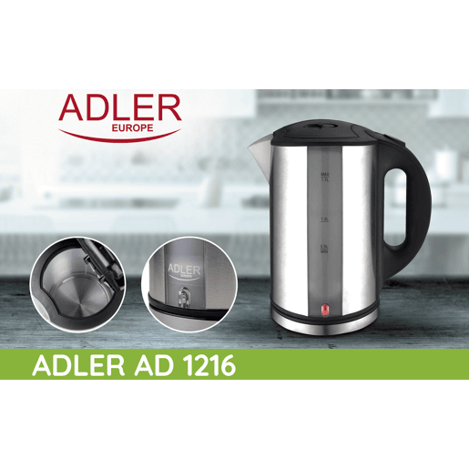 Adler AD 1216 Jarro Eléctrica 1,7 L, Chaleira Eléctrica, Aço Inoxidável sem BPA, Sem Fios, Elemento de Aquecimento Oculto, 2200, Prata