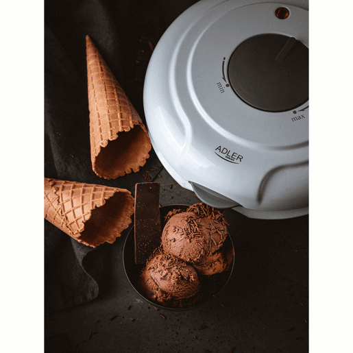 Adler AD3038 Máquina de Wafers Eléctrica Diâmetro 18 cm, Antiaderente, Termóstato Ajustável, Cones de Gelado, 1500, Branco