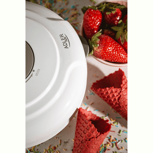 Adler AD3038 Máquina de Wafers Eléctrica Diâmetro 18 cm, Antiaderente, Termóstato Ajustável, Cones de Gelado, 1500, Branco
