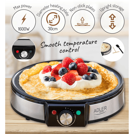 Adler AD3058 Máquina de Fazer Crepes, Diámetro 30cm, Placa Antiaderente, Temperatura Ajustável, 1600, Preto