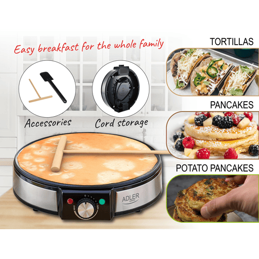 Adler AD3058 Máquina de Fazer Crepes, Diámetro 30cm, Placa Antiaderente, Temperatura Ajustável, 1600, Preto