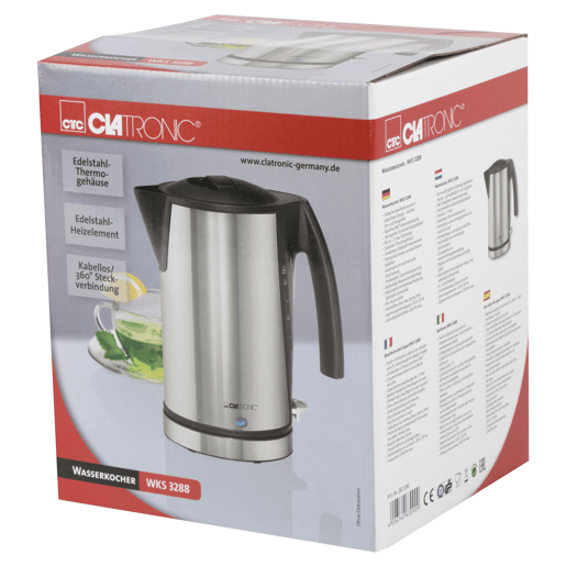 Clatronic WKS 3288 Jarro Elétrico 1,7 L, Chaleira Eléctrica, Inoxidável sem BPA, Sem Fios, Sistema de Aquecimento Oculto, 2200, Branco