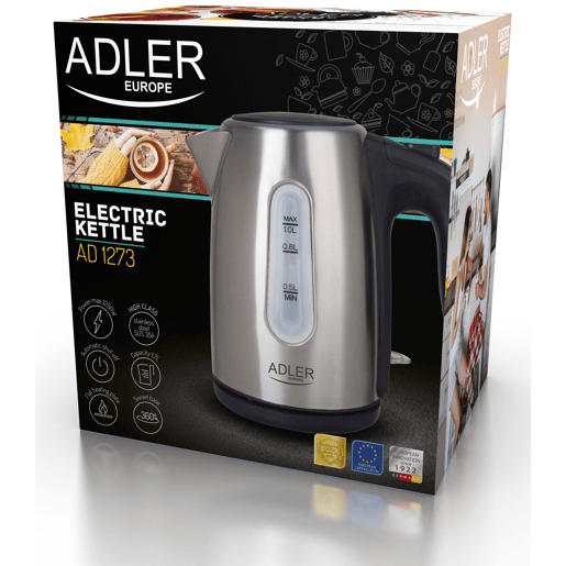 Adler AD1273 Jarro Eléctrico 1,0 L, Chaleira Eléctrica, Aço Inoxidável sem BPA, Sem Fios, 1200, Prata