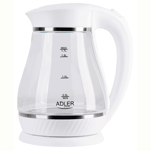 Adler AD 1274W Chaleira Eléctrica em Vidro 1,7 L, Interior Iluminado, sem Fios Desligamento Automático, 2200, Branco