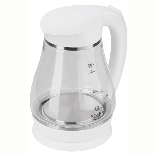 Adler AD 1274W Chaleira Eléctrica em Vidro 1,7 L, Interior Iluminado, sem Fios Desligamento Automático, 2200, Branco