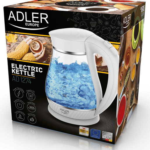 Adler AD 1274W Chaleira Eléctrica em Vidro 1,7 L, Interior Iluminado, sem Fios Desligamento Automático, 2200, Branco