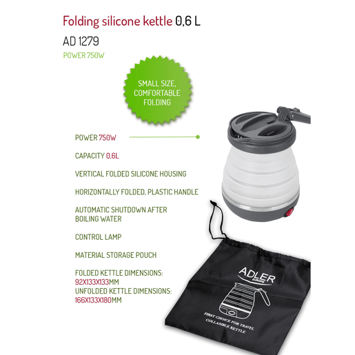Adler AD1279 Jarro Eléctrica Dobrável, 0.5L, Silicone sem BPA, Elemento de Aquecimento oculto, Desligamento Automático, 750, Branco